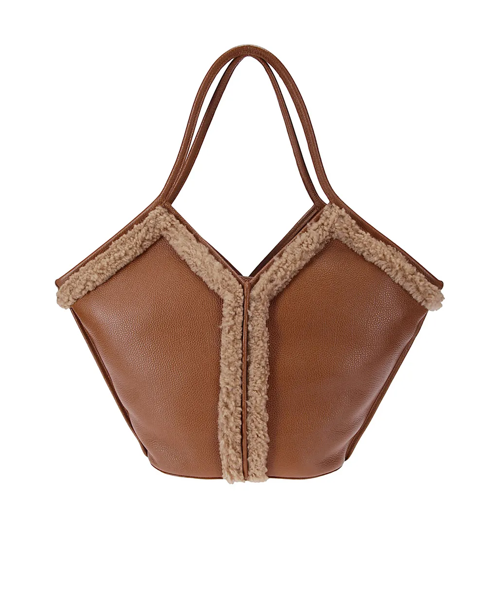 Shearling-Trimmed Leather Tote Bag