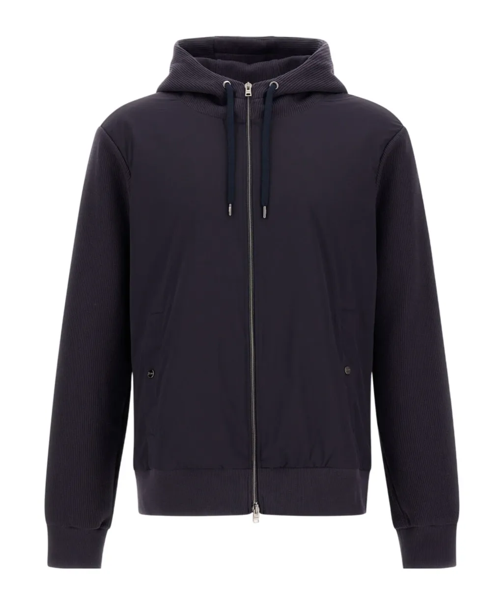 Ribbed Panelled Zip-Front Hoodie