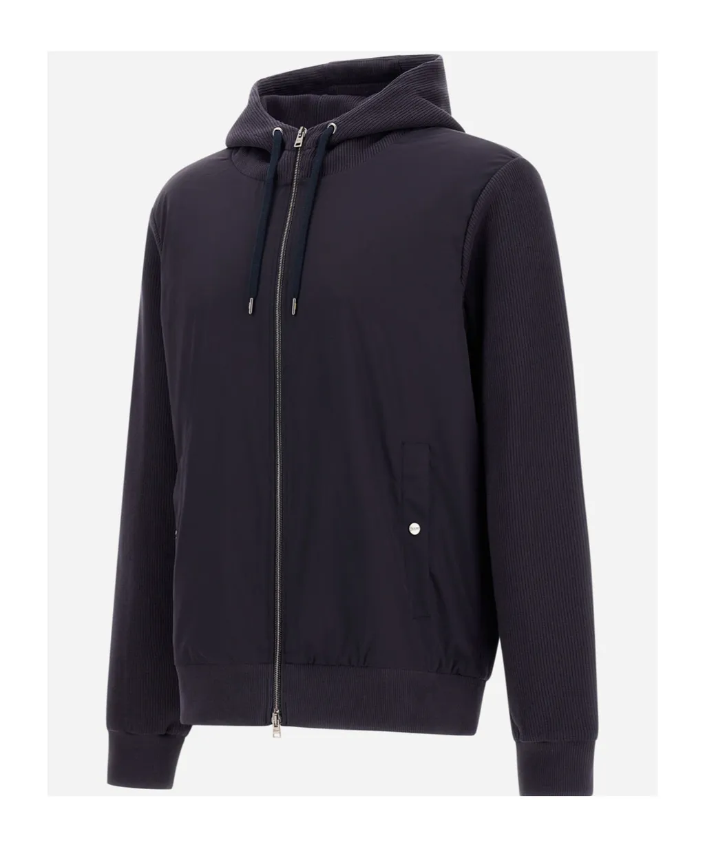 Ribbed Panelled Zip-Front Hoodie