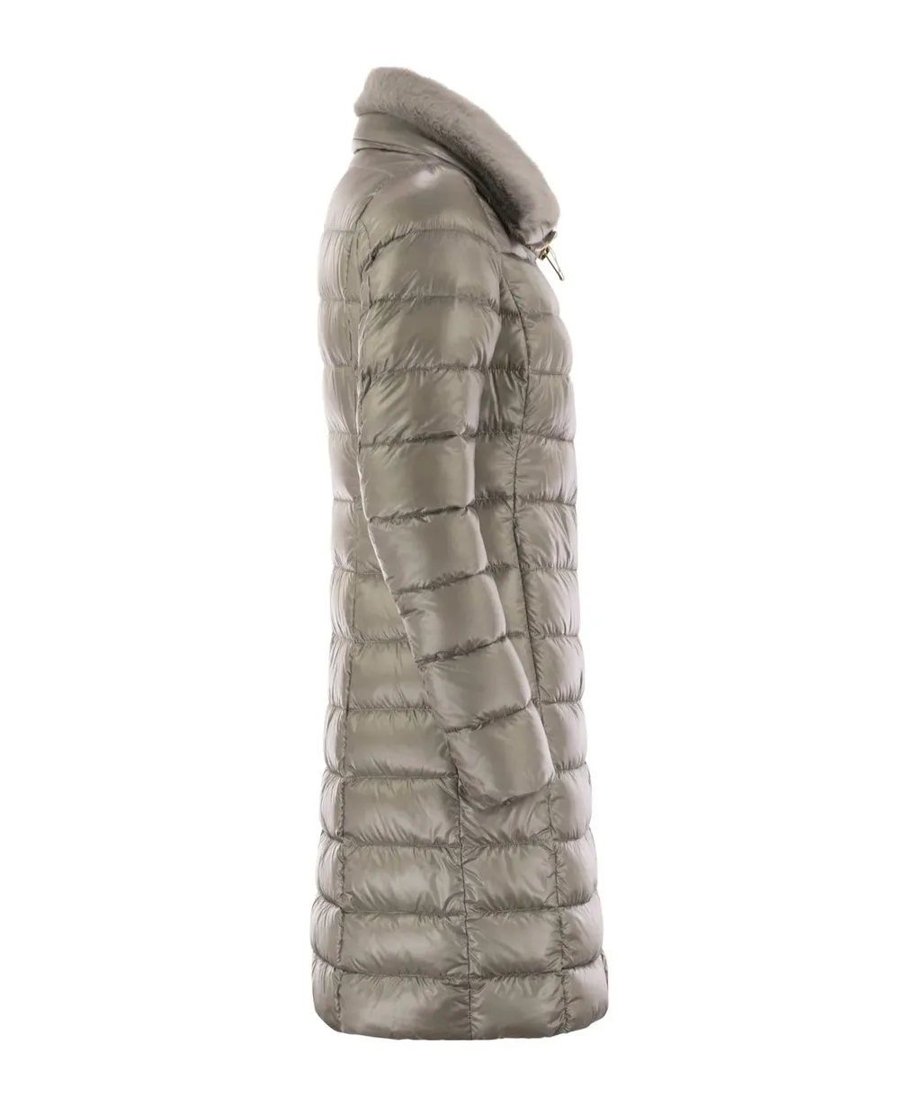 Zippered Quilted Down Jacket With Faux Fur Collar
