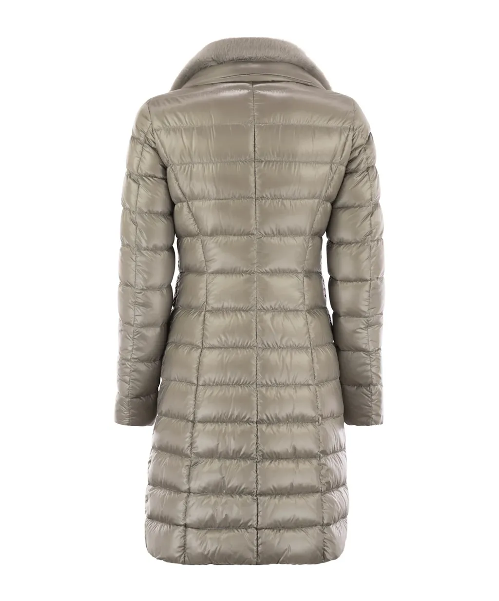 Zippered Quilted Down Jacket With Faux Fur Collar