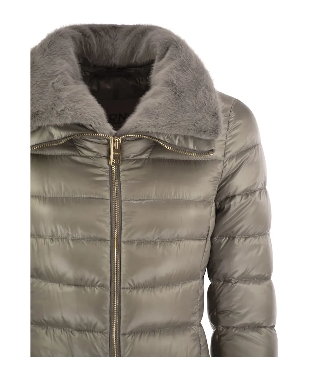 Zippered Quilted Down Jacket With Faux Fur Collar