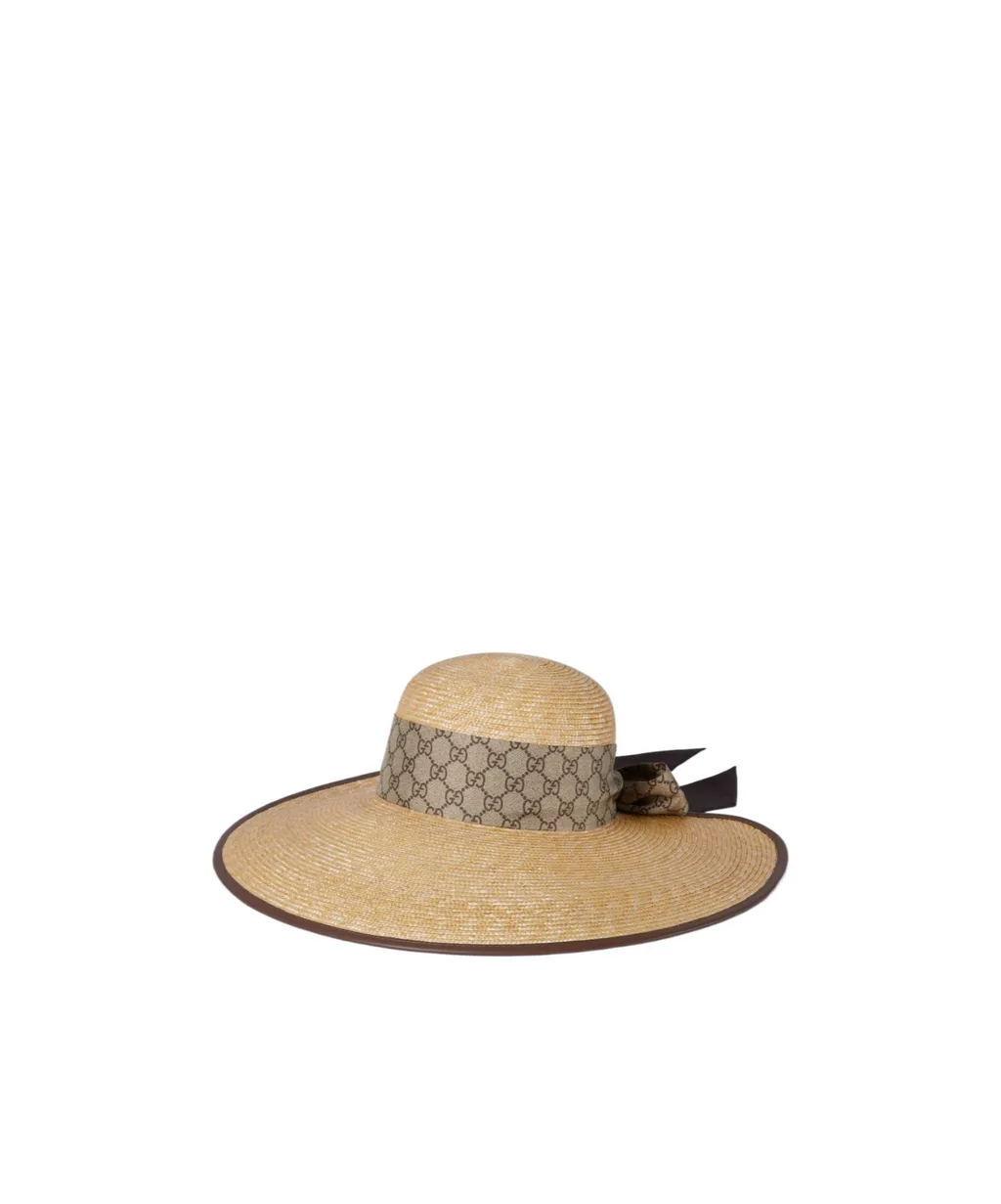 Straw Wide Brim Hat With Gg Bow