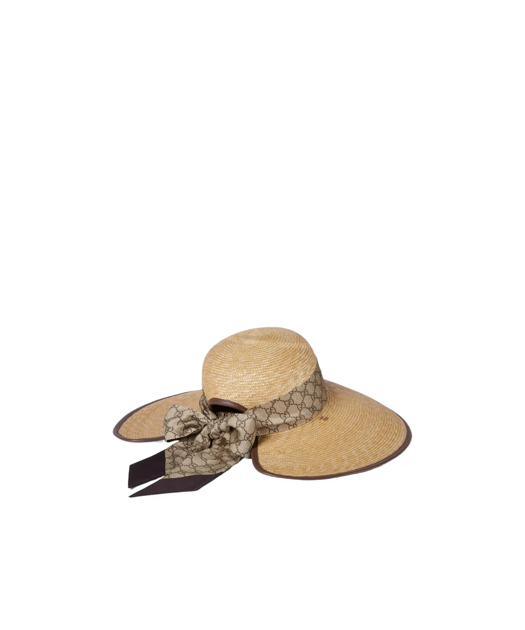 Straw Wide Brim Hat With Gg Bow