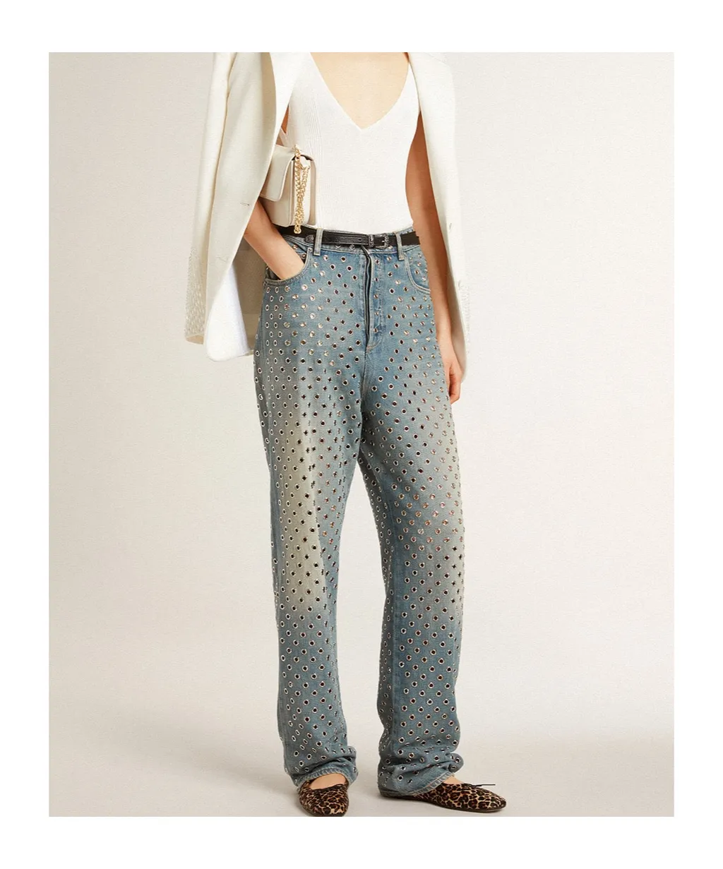 Straight-Leg Eyelet Detailed Jeans