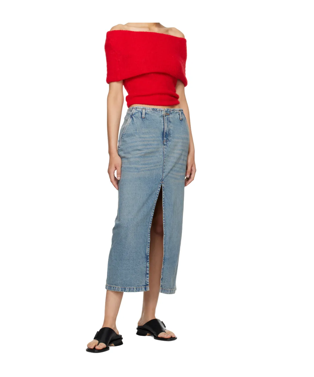 Front-Slit Cotton Denim Midi Skirt