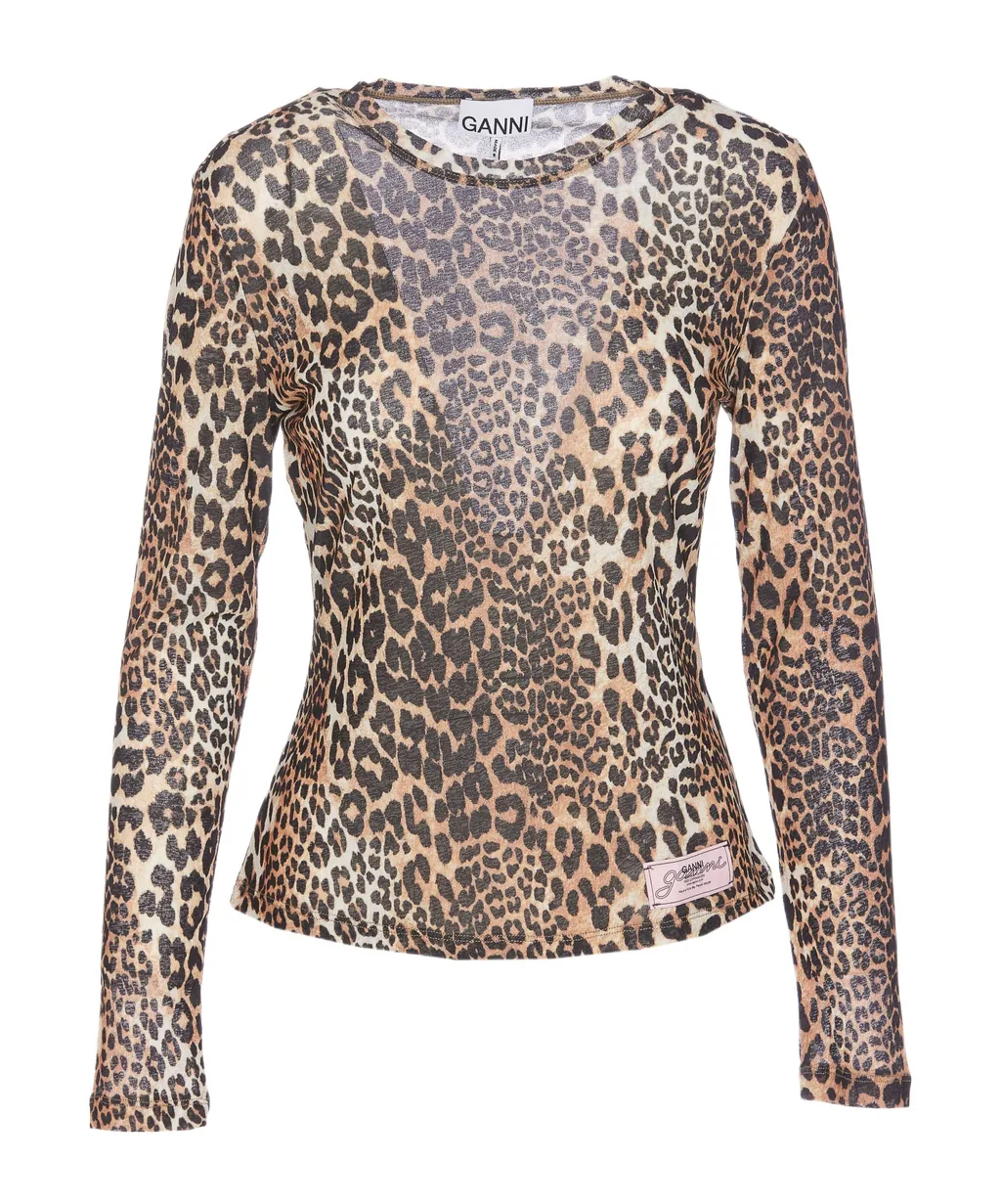 Leopard Printed Mesh Long-Sleeved Top