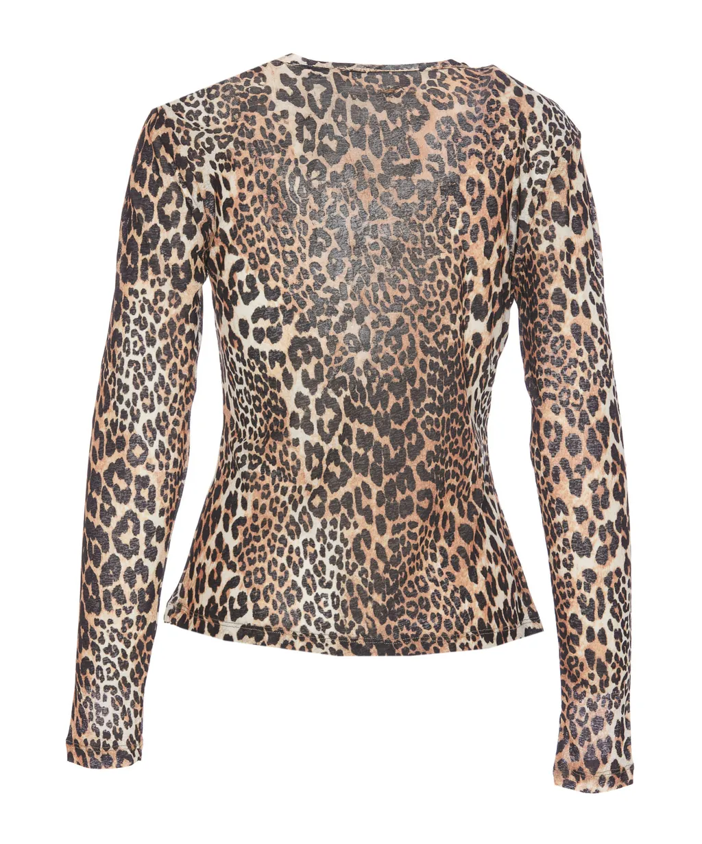 Leopard Printed Mesh Long-Sleeved Top