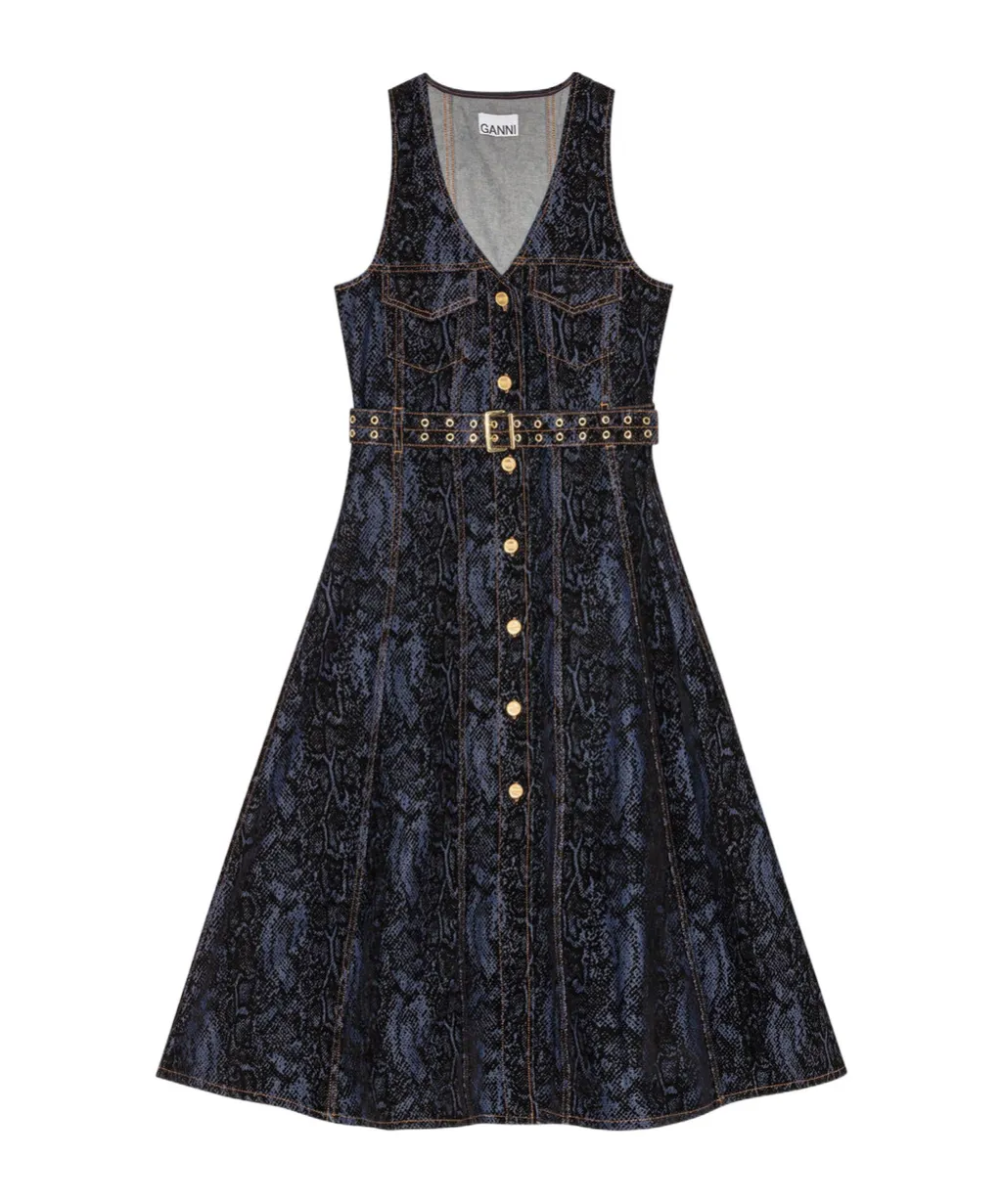V-Neck Denim Midi Dress