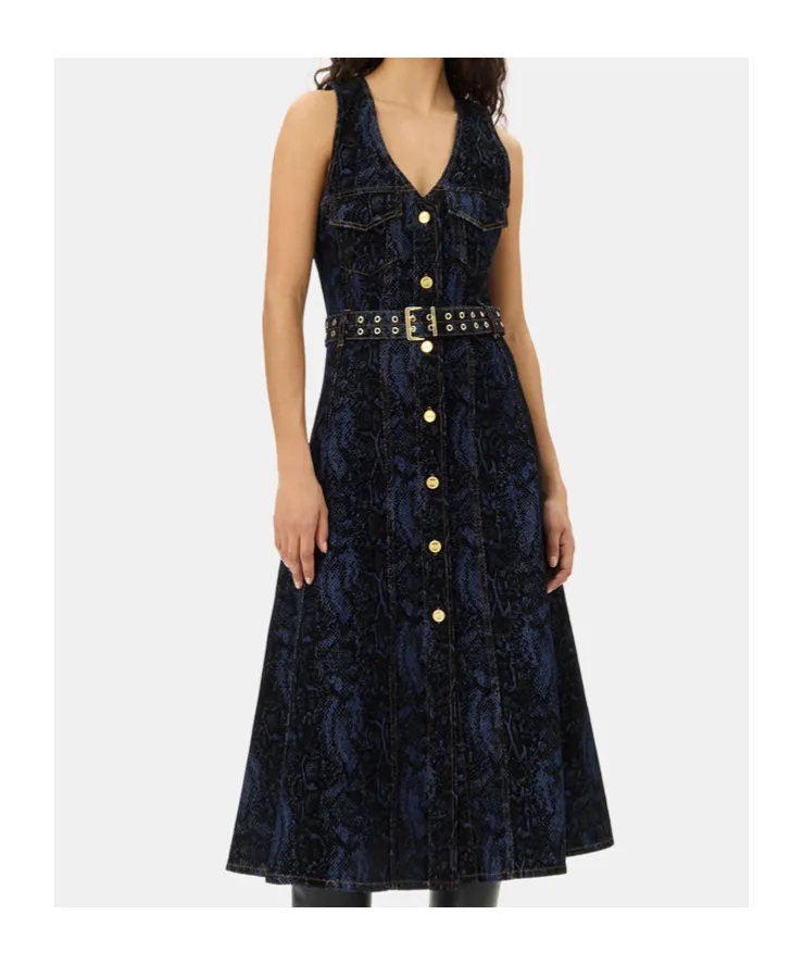 V-Neck Denim Midi Dress