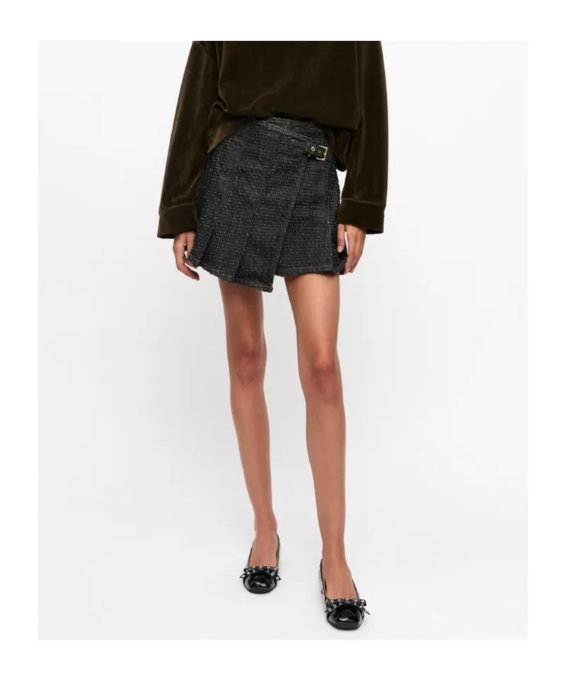 Fluffy Denim Wrap Mini Skirt