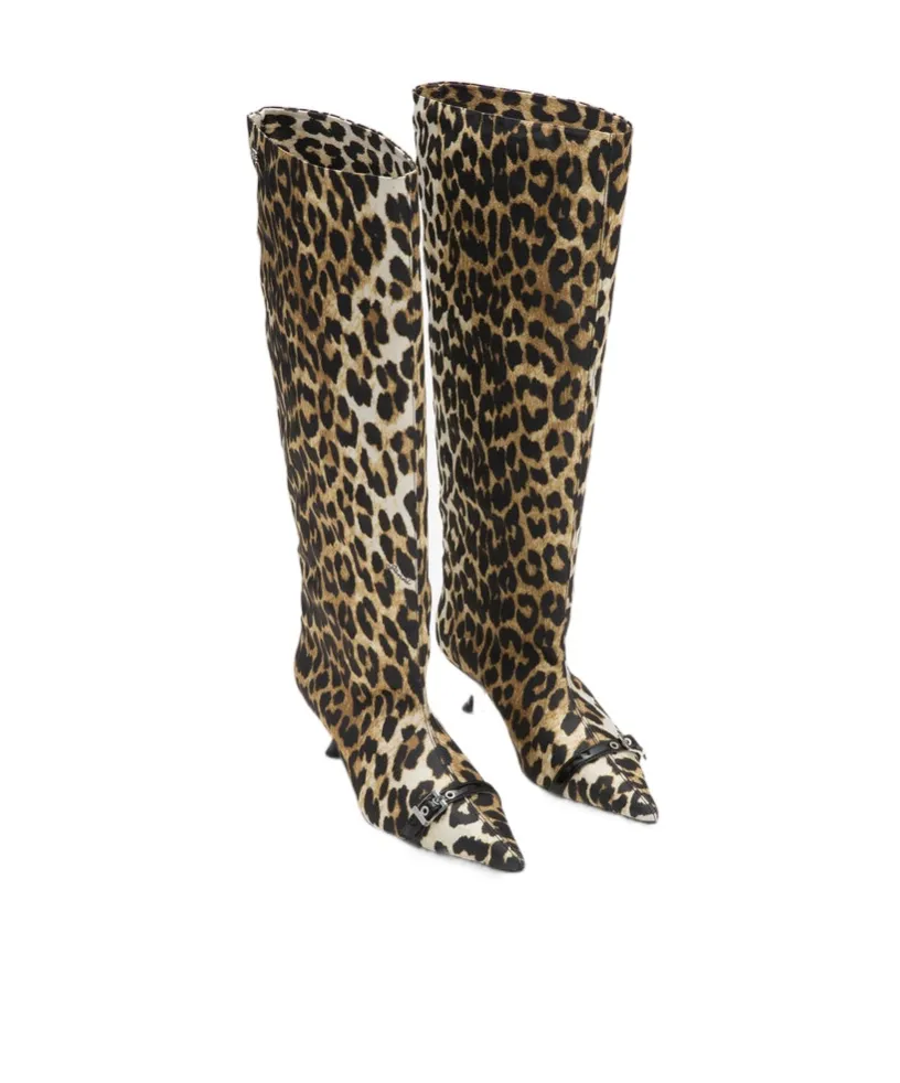 Leopard Print Pointed-Toe Knee-Length Boots