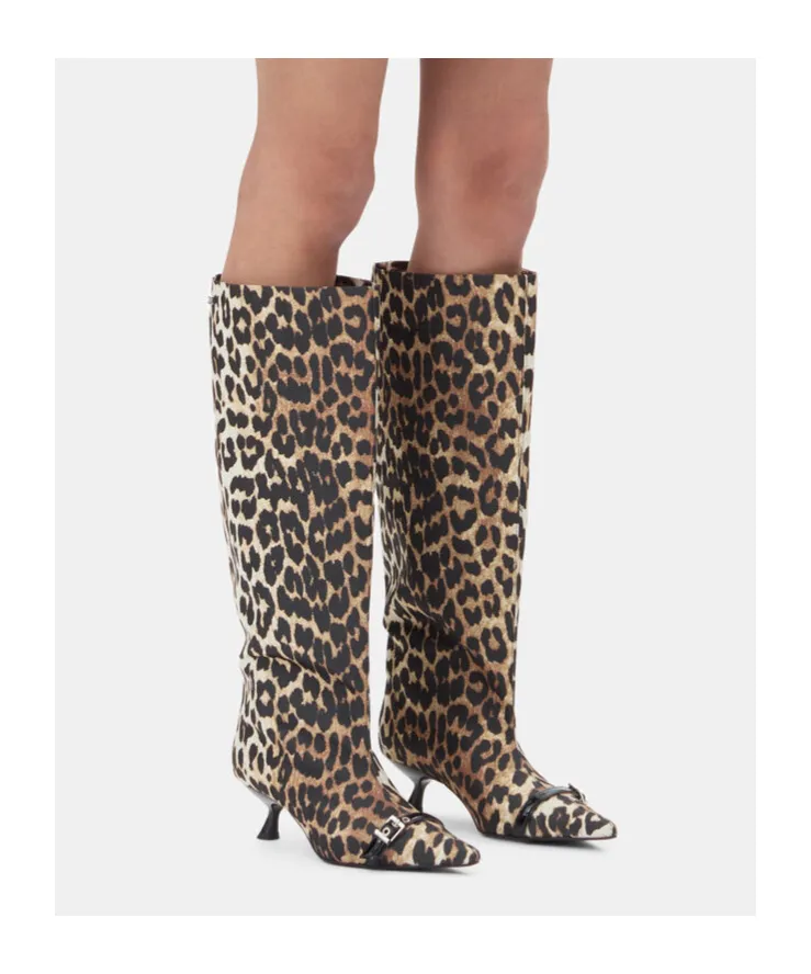 Leopard Print Pointed-Toe Knee-Length Boots