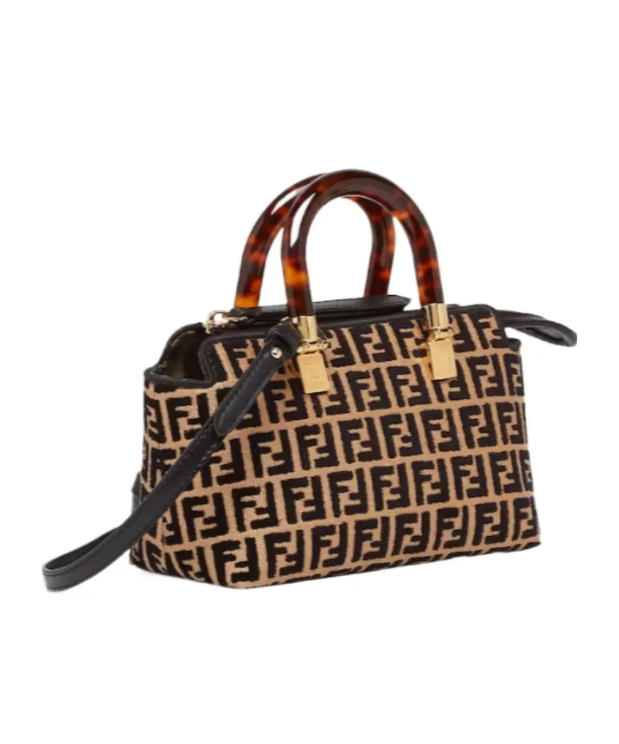 Small Raffia Boston Bag With A Black Tapestry Fabric Ff Motif