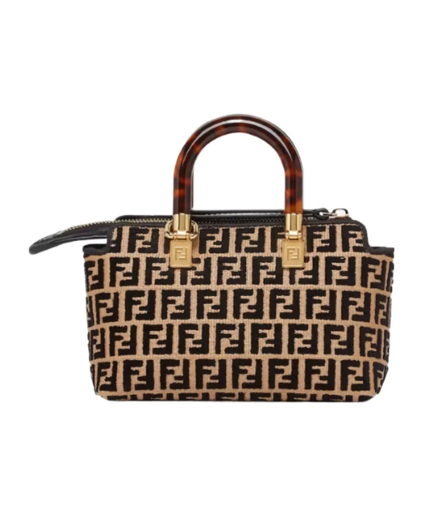 Small Raffia Boston Bag With A Black Tapestry Fabric Ff Motif