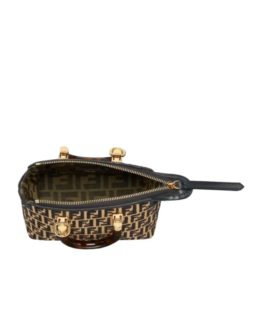 Small Raffia Boston Bag With A Black Tapestry Fabric Ff Motif