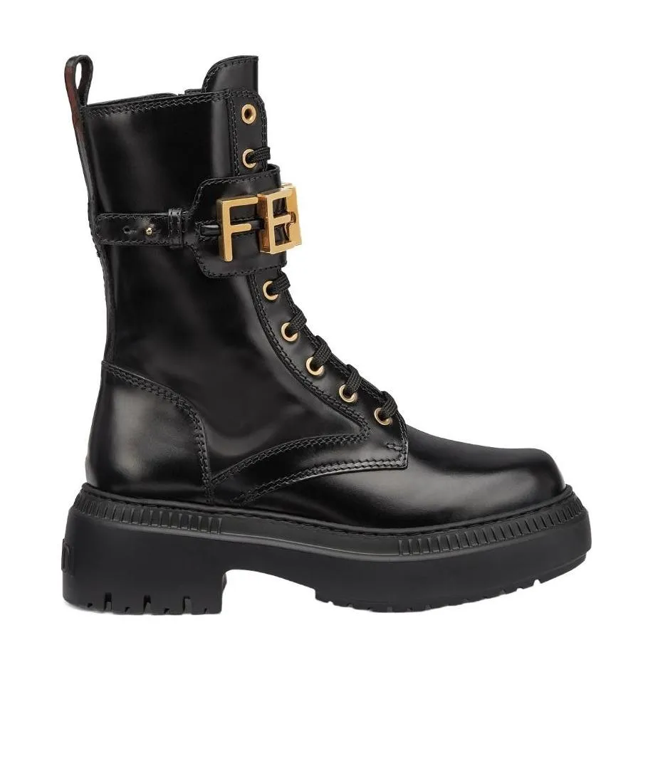 Logo Plaque Lace-Up Biker Boots