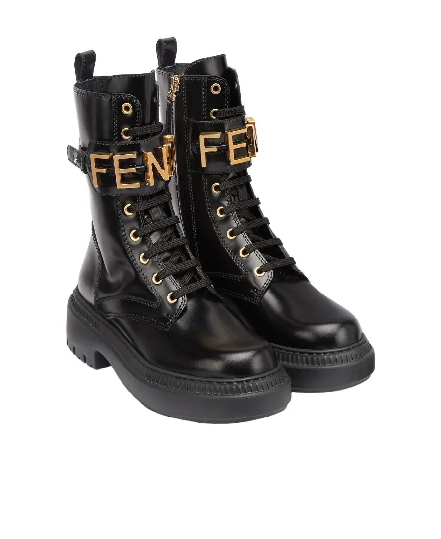 Logo Plaque Lace-Up Biker Boots