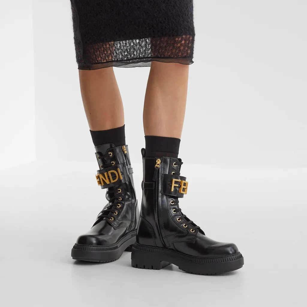 Logo Plaque Lace-Up Biker Boots