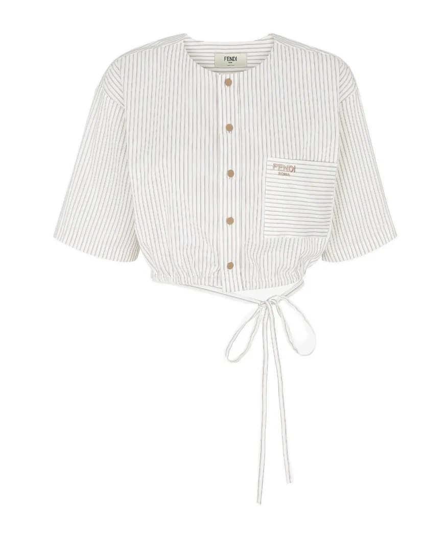 Drawstring Hem Striped Cropped Shirt