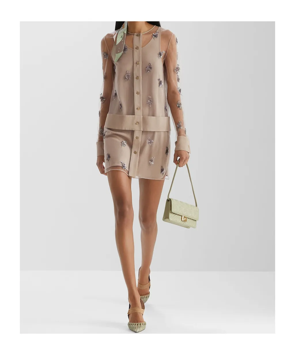 Floral Embellished Sheer Sleeved Mini Dress