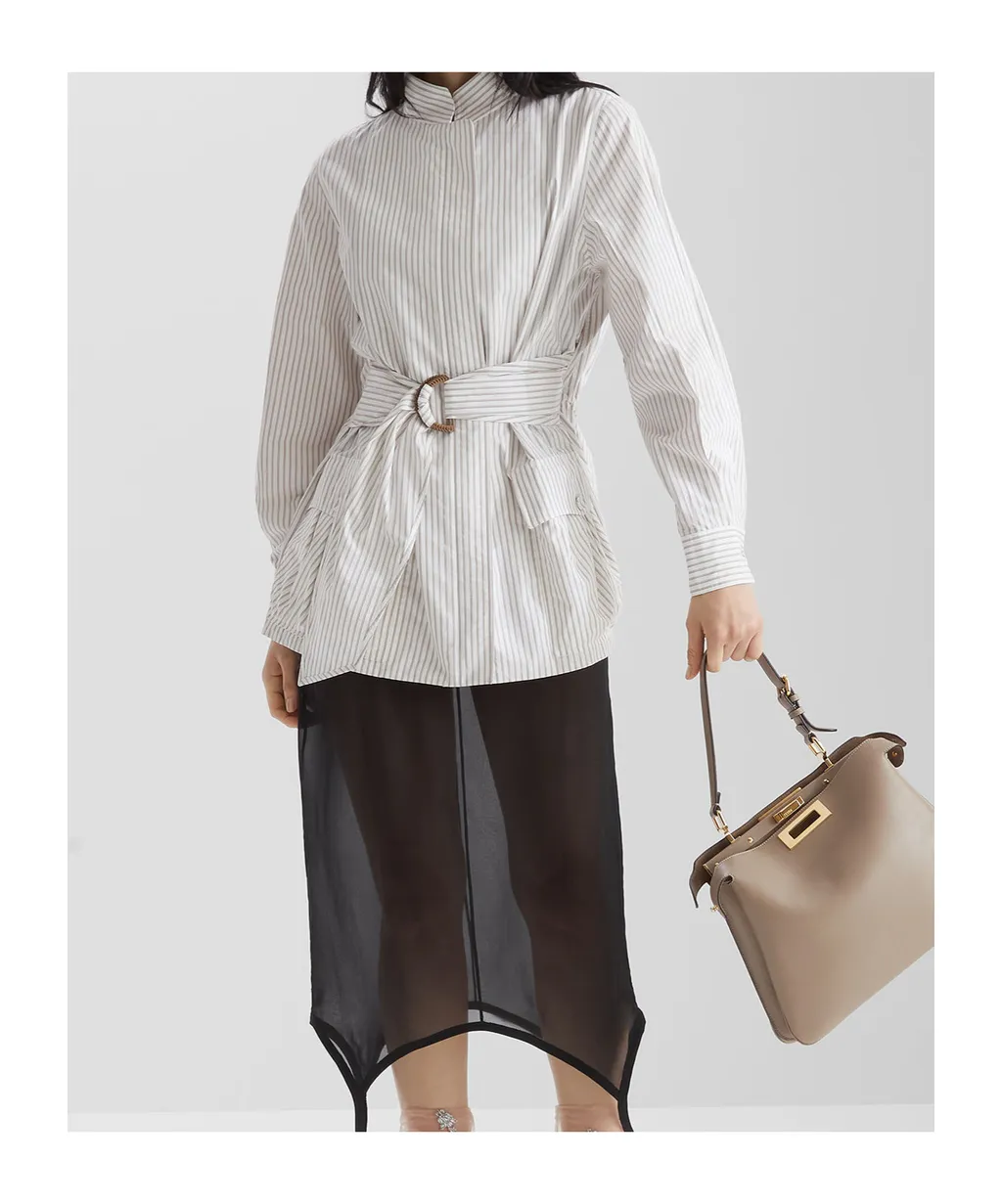 Striped Ring Buckle Belted Jacket