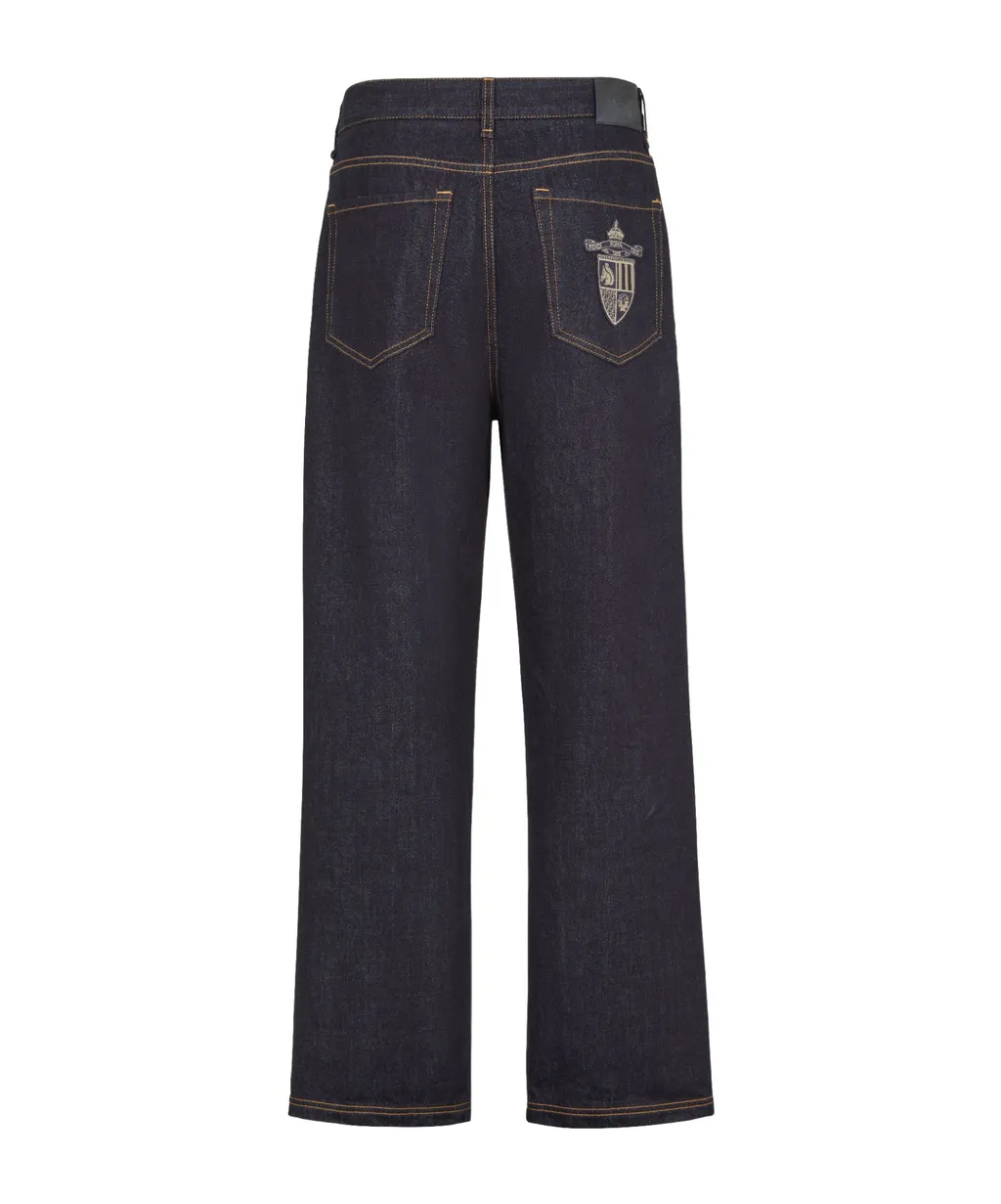 Crest Embroidered Straight-Leg Long Jeans
