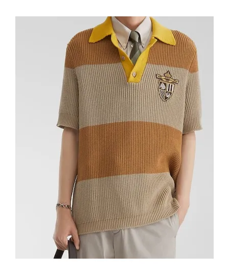 Crest Embroidered Striped Knitted Polo Shirt