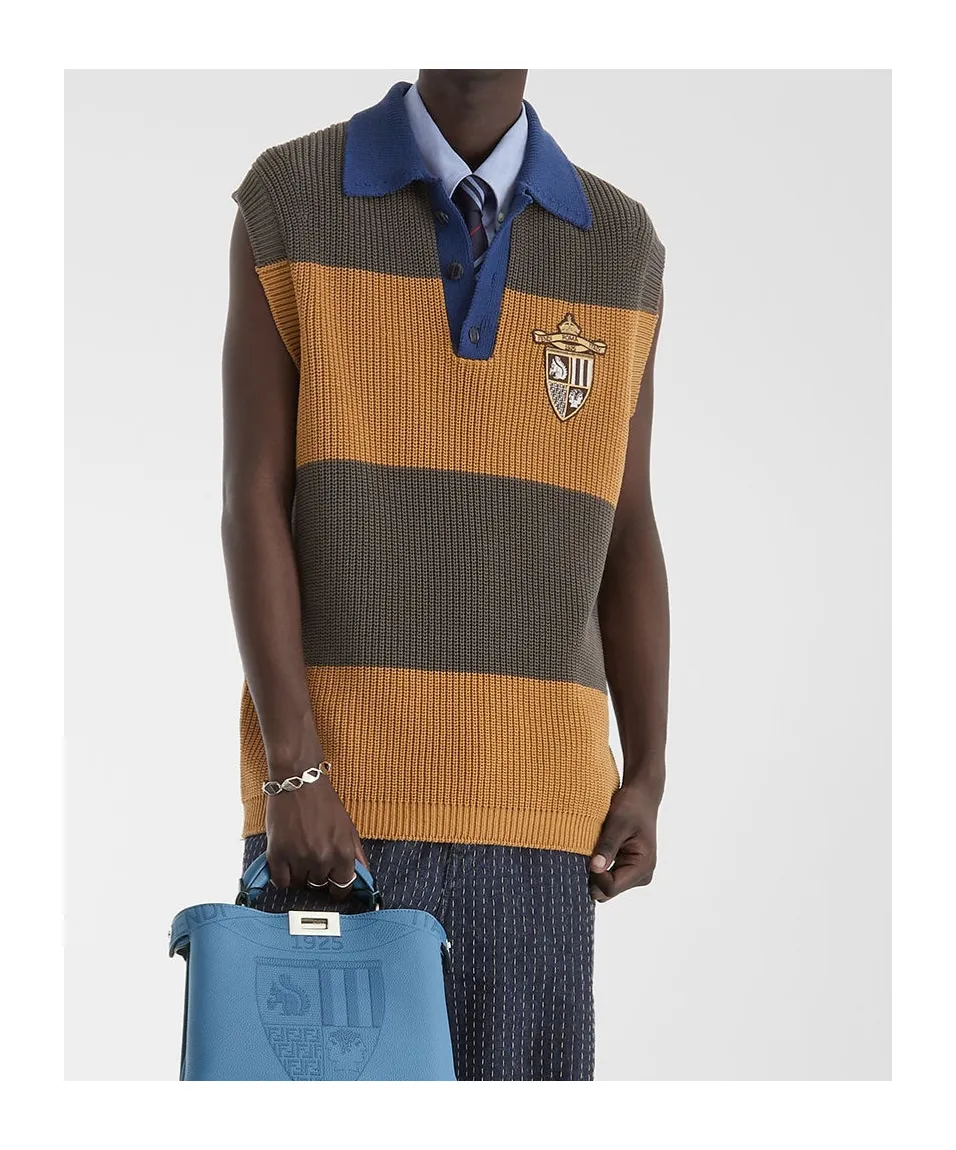 Crest Embroidered Striped Knitted Polo Shirt