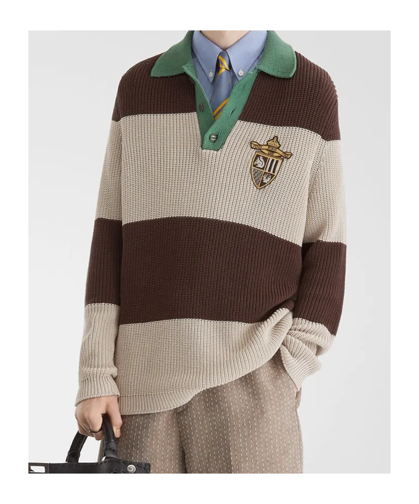 Crest Embroidered Striped Knitted Polo Shirt