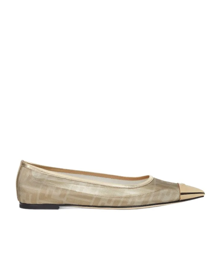 Champagne-Coloured Metallic Ff Mesh Ballet Flats