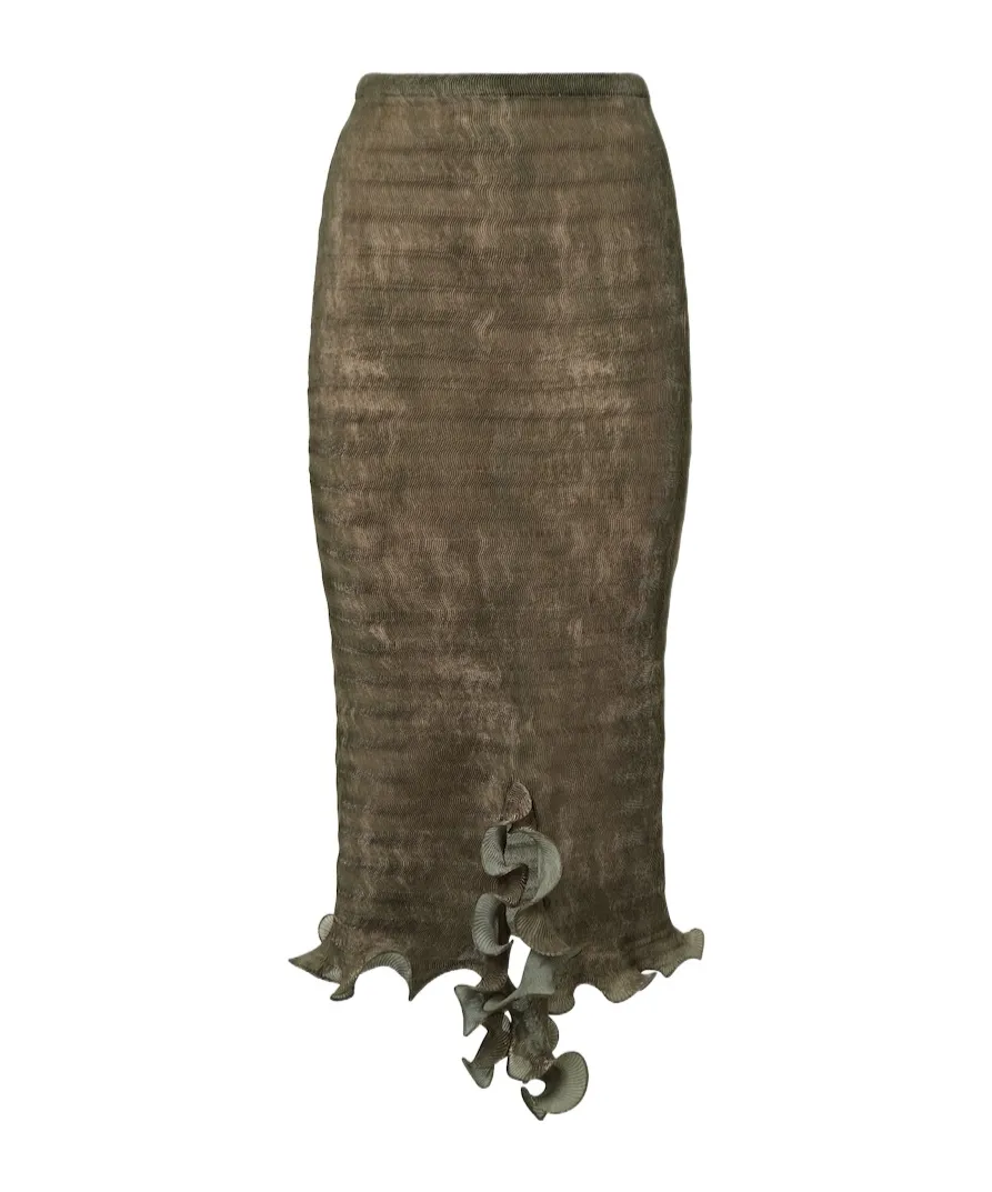 Printed Pleated Ruffled-Hem Midi Pencil Skirt