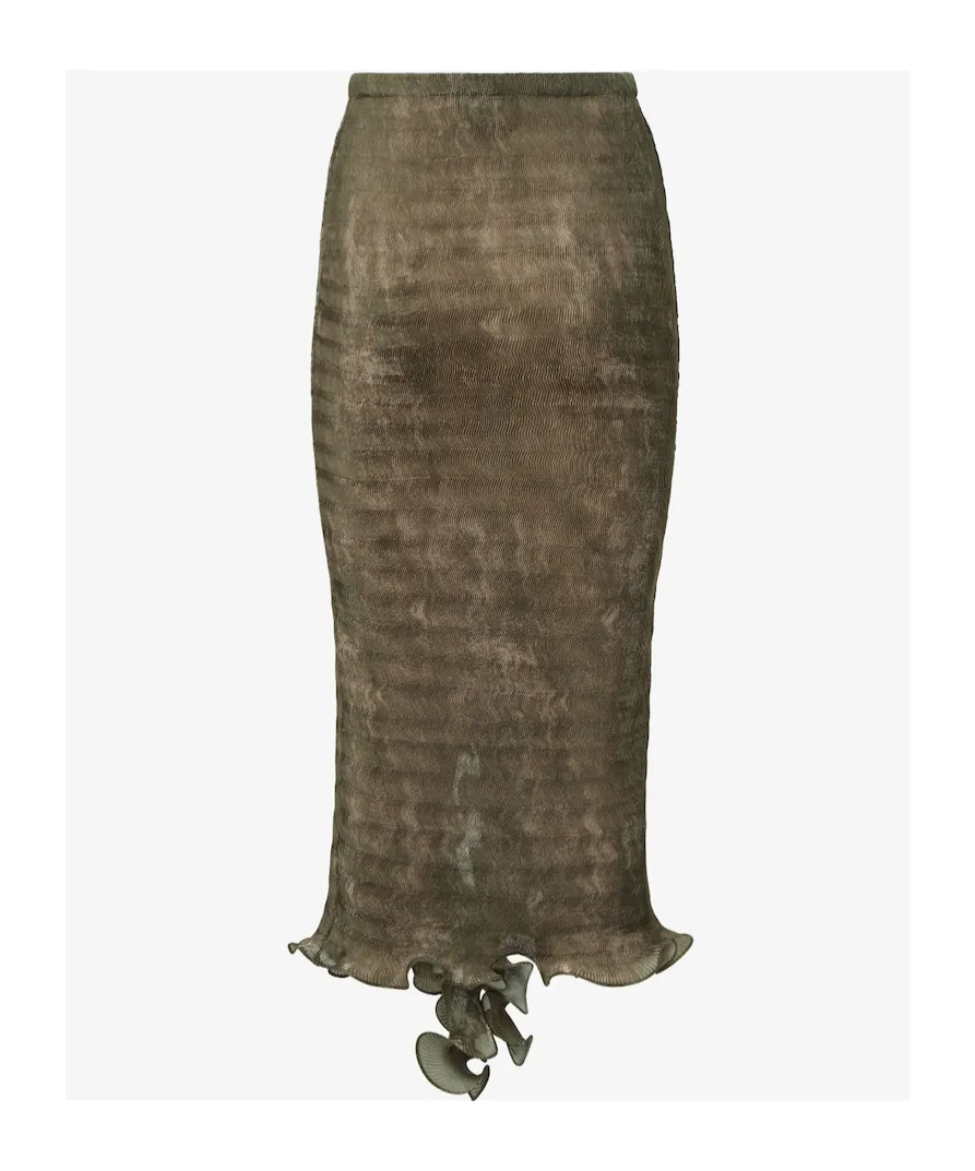 Printed Pleated Ruffled-Hem Midi Pencil Skirt