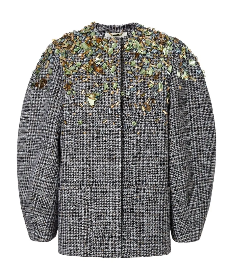 Cocoon-Style Embellished Belted Tweed Jacket