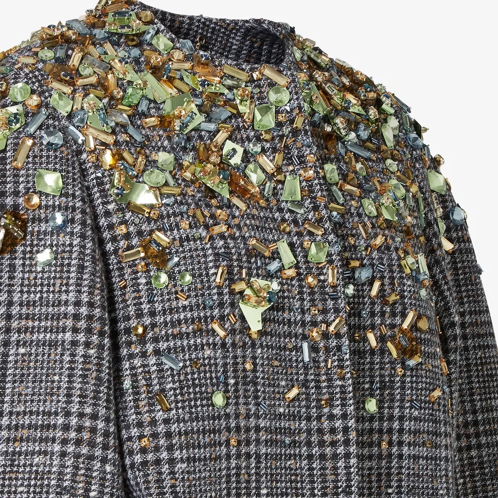 Cocoon-Style Embellished Belted Tweed Jacket