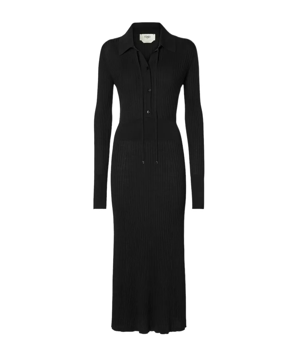 Ribbed-Knit Long Sleeved Drawstring Midi Dress