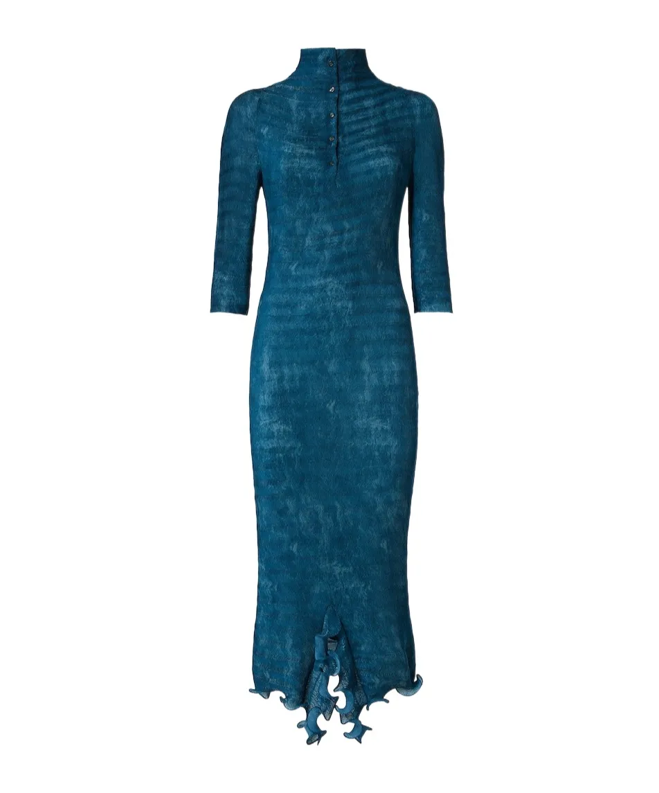 Printed Asymmetric-Hem High-Neck Midi Dress