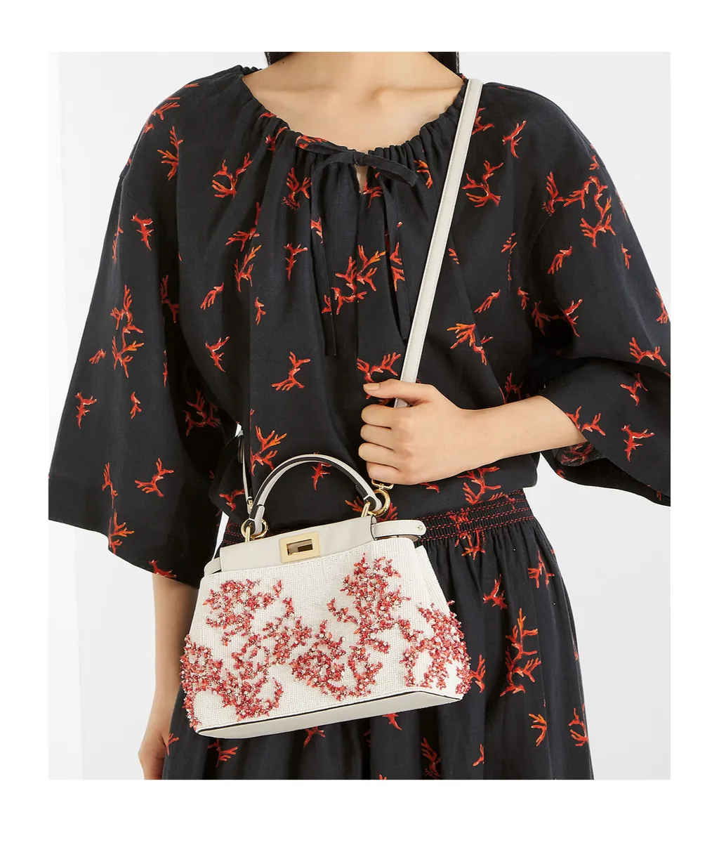 Sea Garden Coral Red And Camellia Embroidered Bag