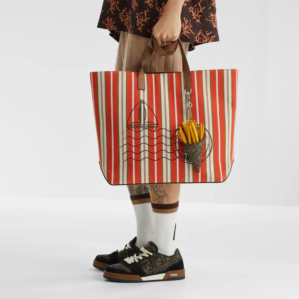 Logo Printed Striped Medium Tote Bag