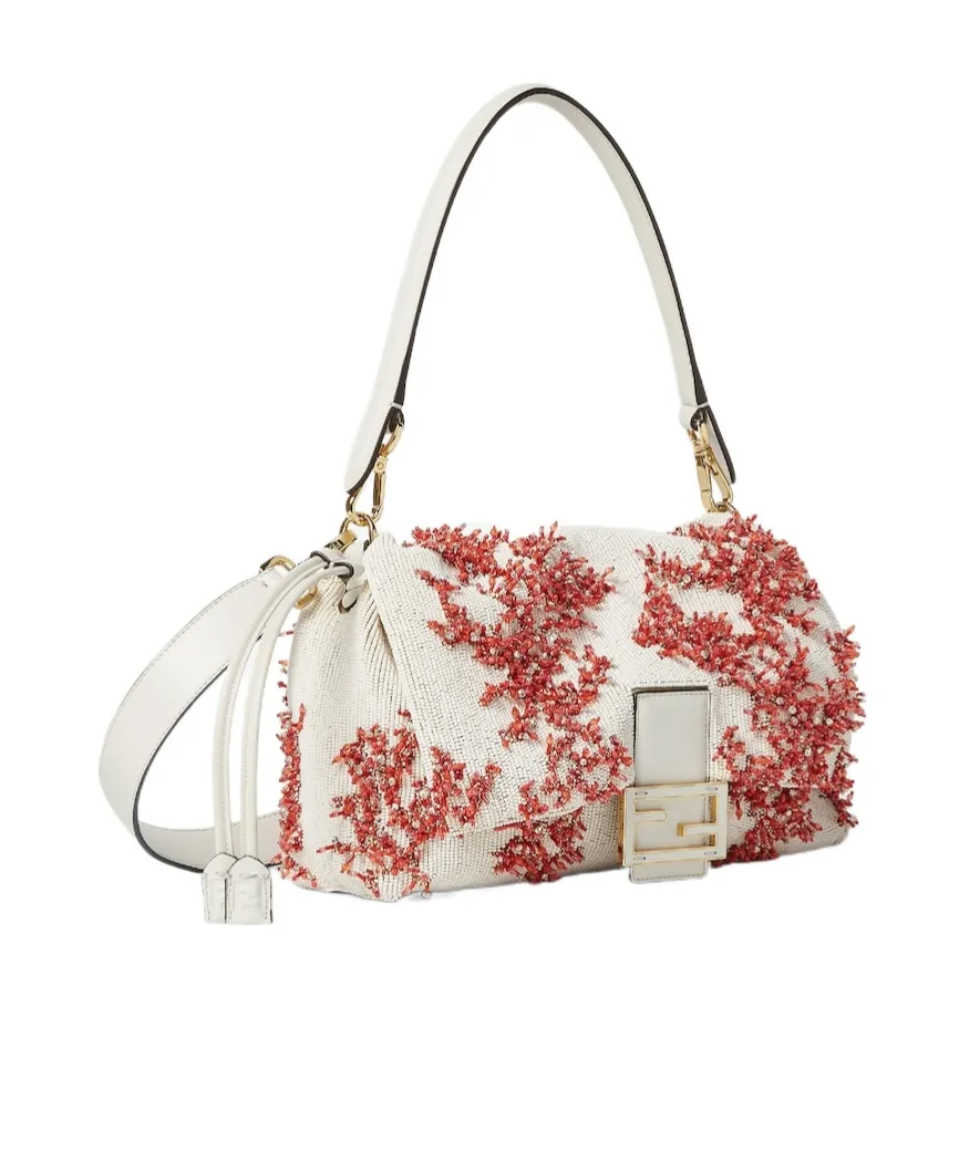 Sea Garden Coral Red And Camellia Embroidered Bag