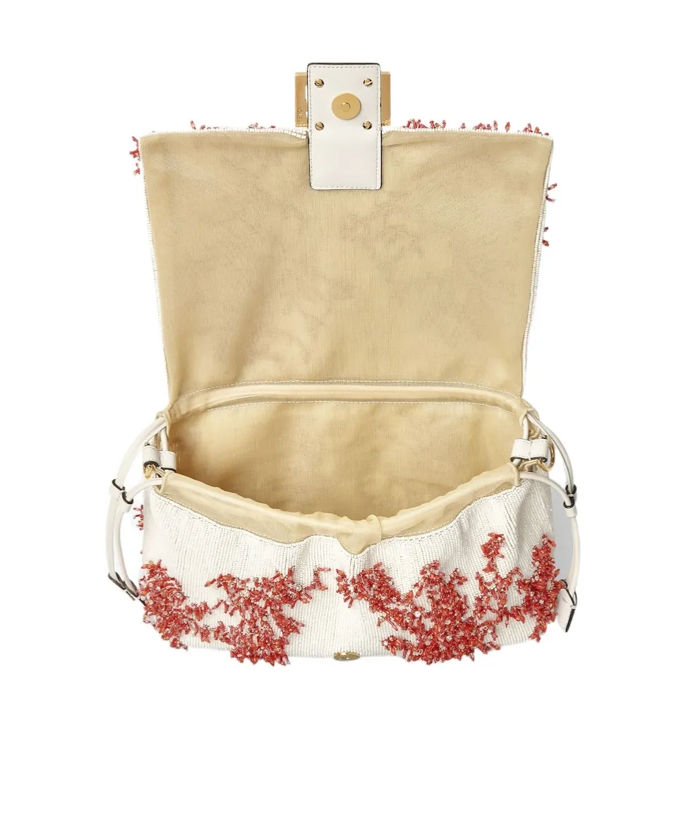 Sea Garden Coral Red And Camellia Embroidered Bag