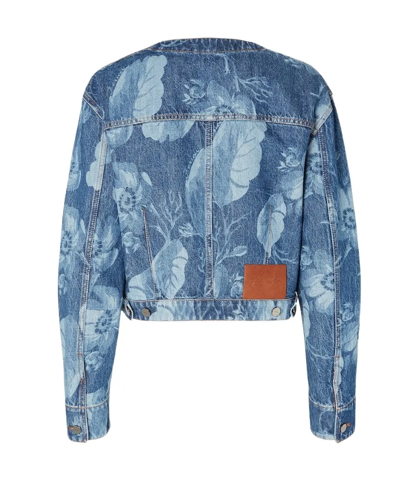 Floral Printed Cropped Crewneck Denim Jacket