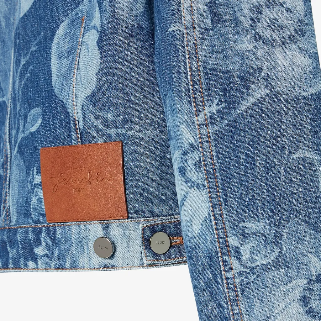 Floral Printed Cropped Crewneck Denim Jacket