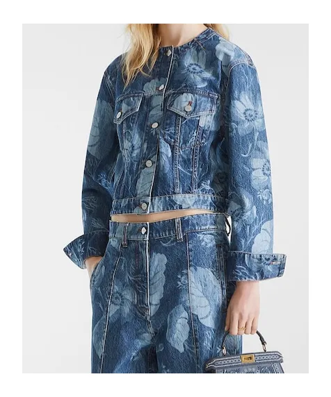 Floral Printed Cropped Crewneck Denim Jacket