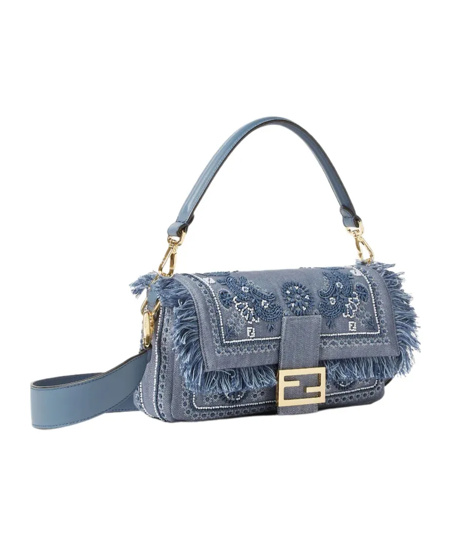 Baguette Bandana Embroidered Fringed Denim Shoulder Bag