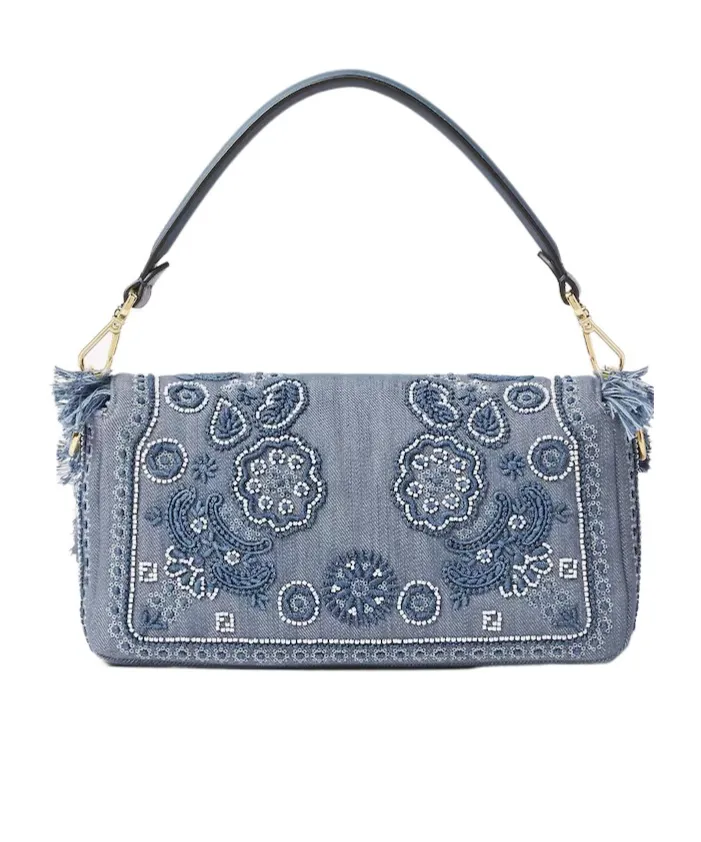 Baguette Bandana Embroidered Fringed Denim Shoulder Bag