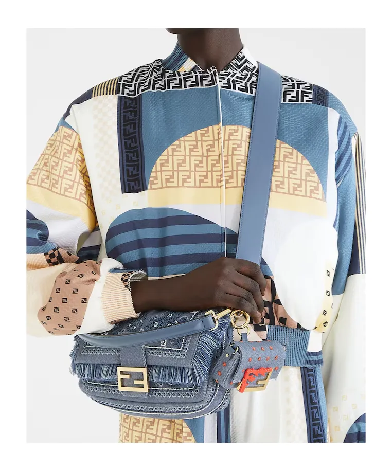 Baguette Bandana Embroidered Fringed Denim Shoulder Bag