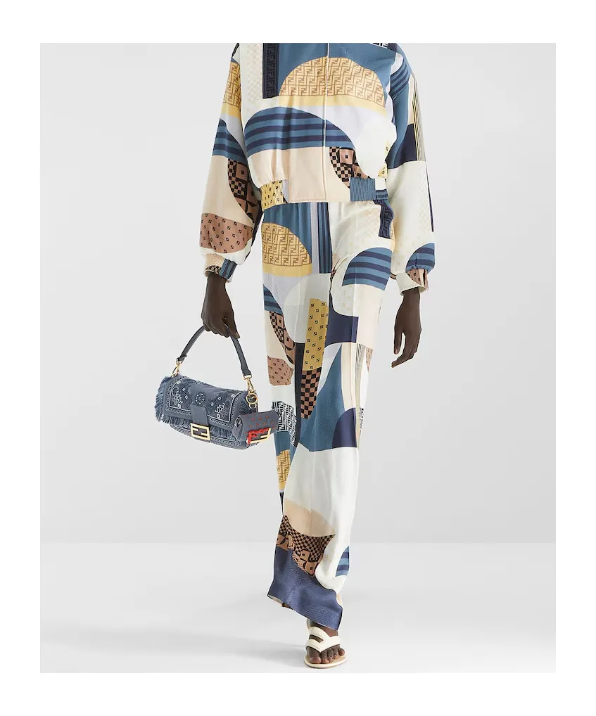 Baguette Bandana Embroidered Fringed Denim Shoulder Bag