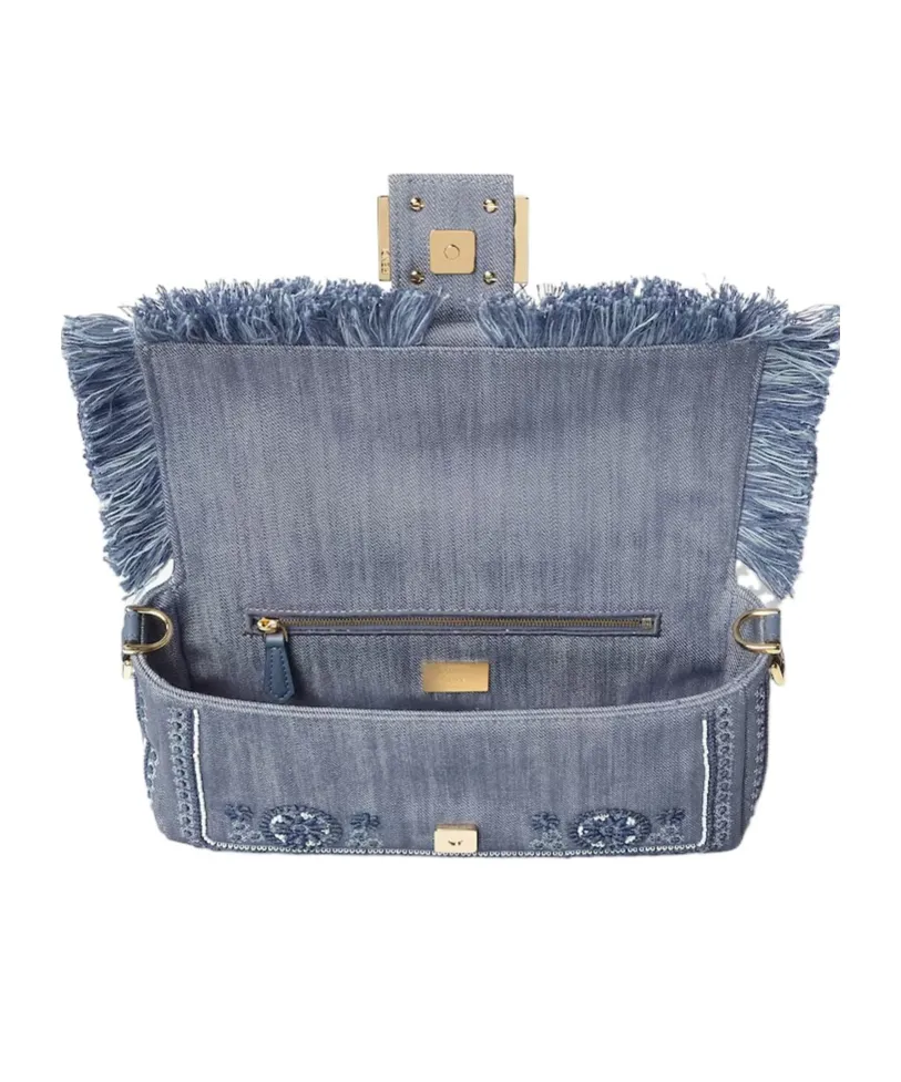 Baguette Bandana Embroidered Fringed Denim Shoulder Bag