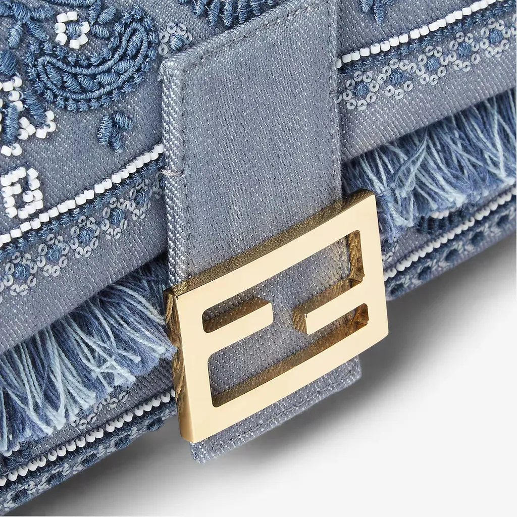 Baguette Bandana Embroidered Fringed Denim Shoulder Bag